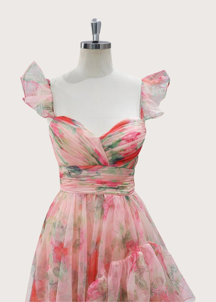 Alexandra | A Line Light Pink Floral High Low Formal Dress - Light Pink Floral - PromDressClub