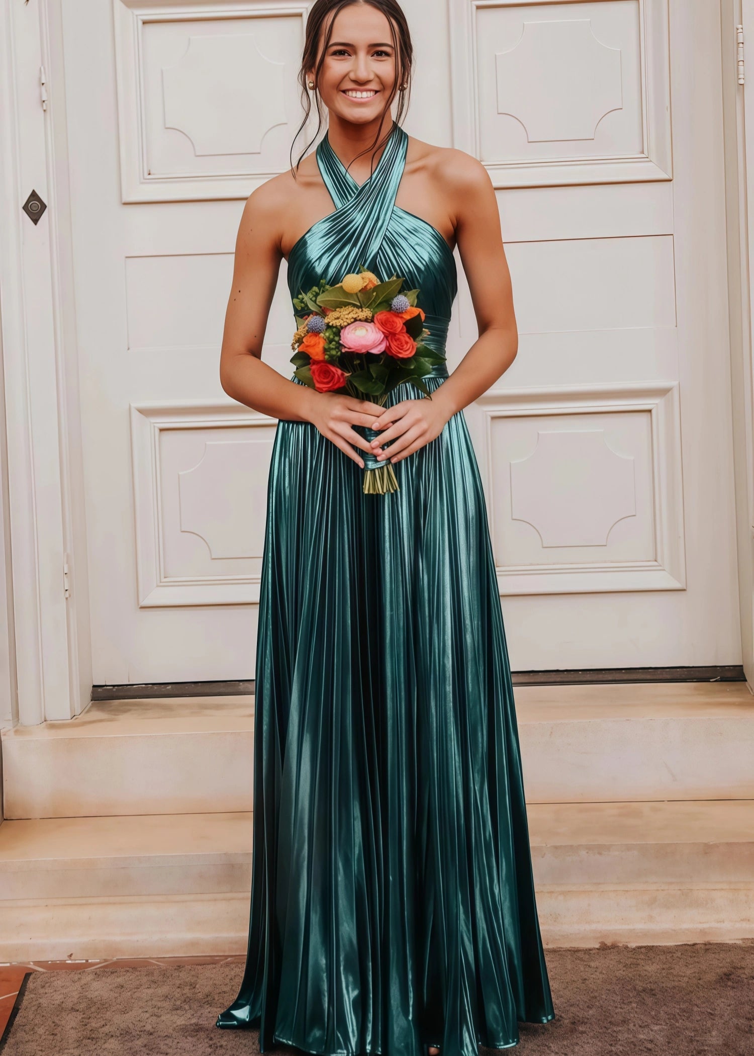 A - Line Metallic Blush Long Prom Dress With Halter Neck Pleated Slit - Green - US0 - PromDressClub