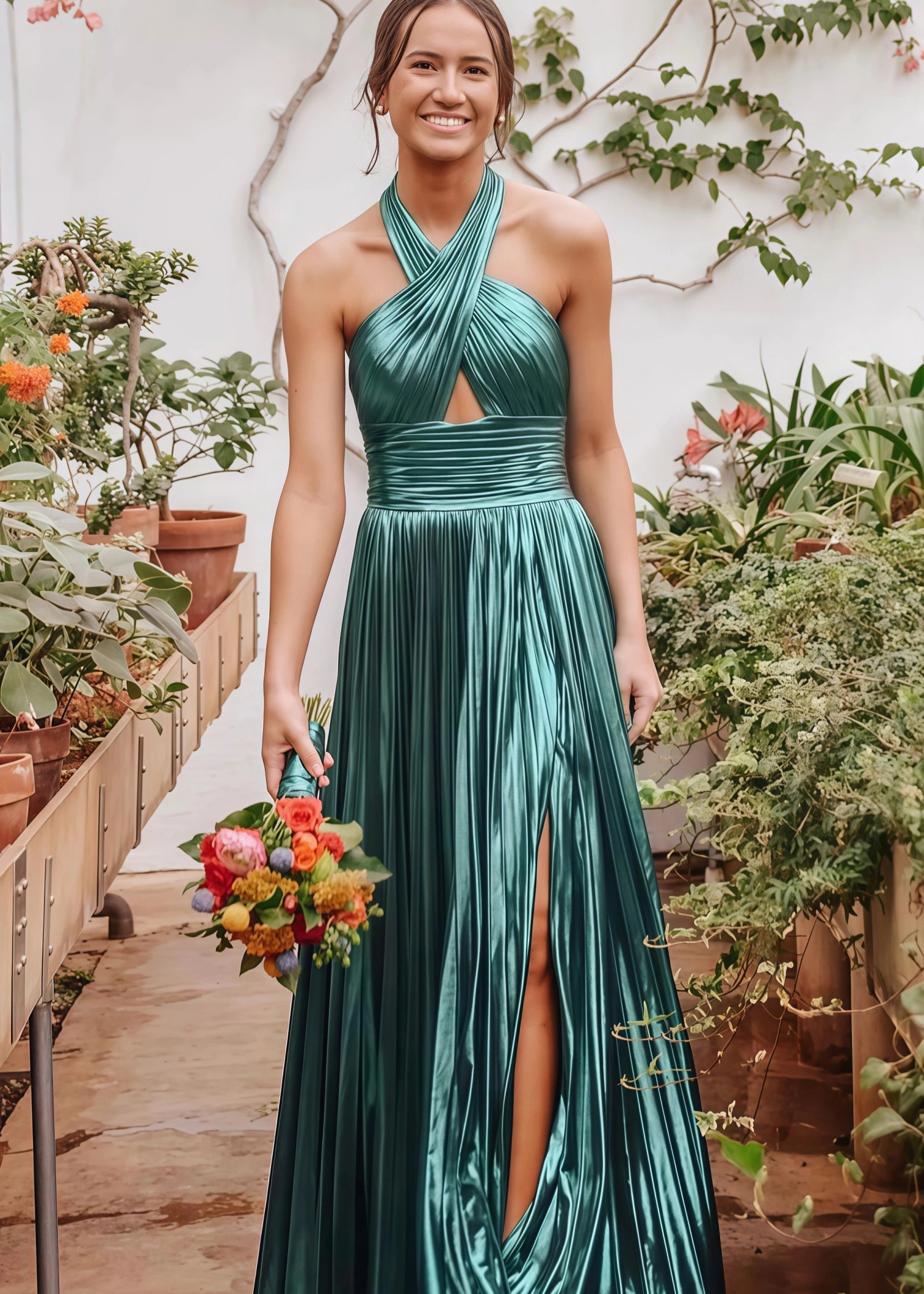 A - Line Metallic Blush Long Prom Dress With Halter Neck Pleated Slit - Green - US0 - PromDressClub