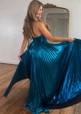 A - Line Metallic Blush Long Prom Dress With Halter Neck Pleated Slit - Turquoise - US0 - PromDressClub