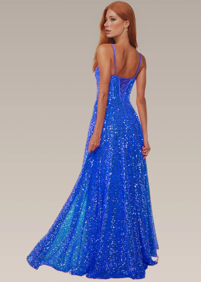 Tina | Red Sequin A Line Corset Backless Prom Dress with Slit - Royal Blue - PromDressClub