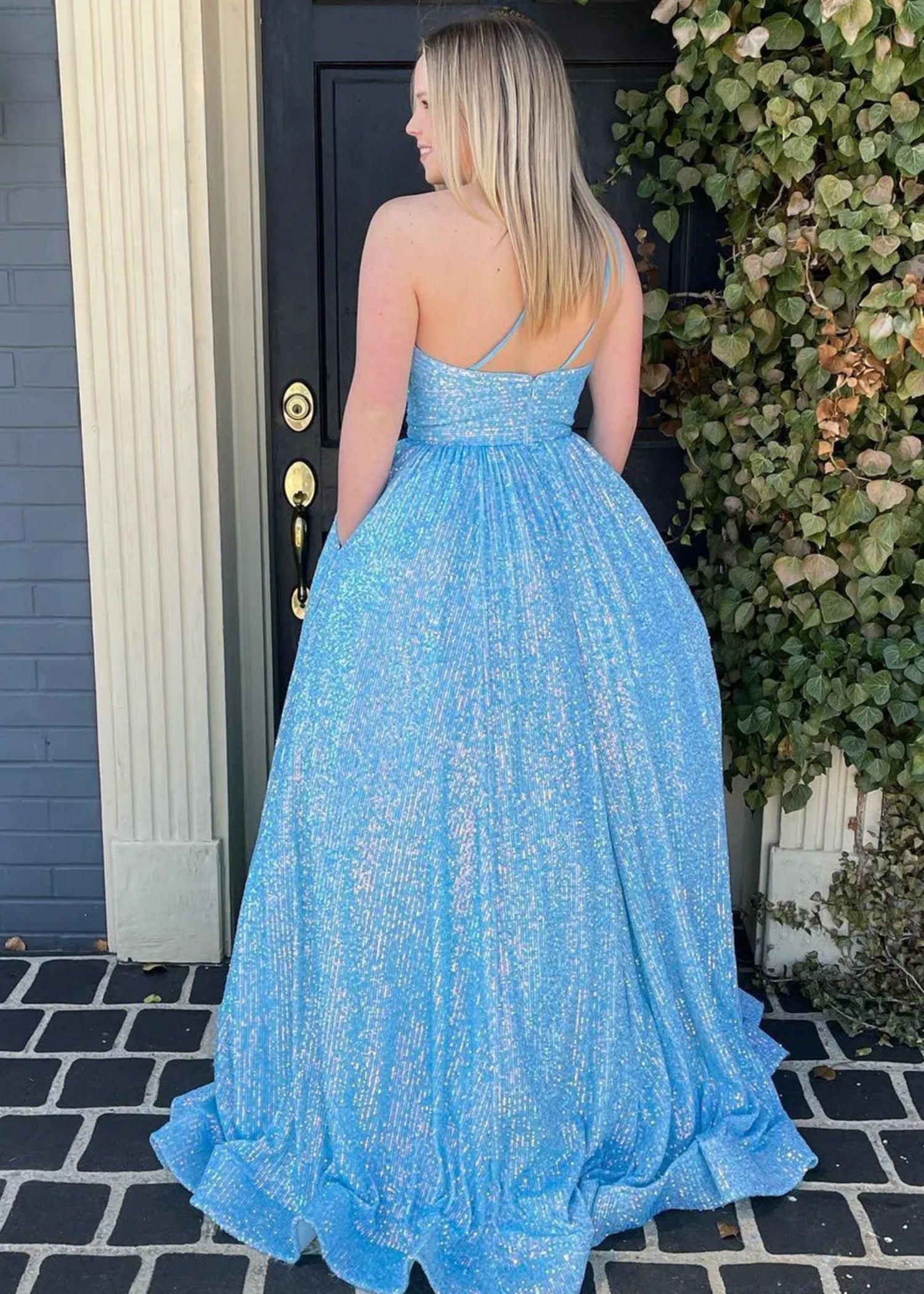 Christie |A - Line Sparkly One Shoulder Sequins Blue Plus Size Long Prom Dress - Blue - US0 - PromDressClub