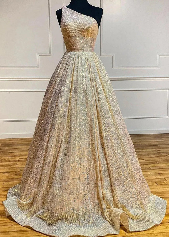 Christie | A Line/Princess Plus Size Orange Seuquin Backless One Shoulder Prom Dress - Gold - PromDressClub