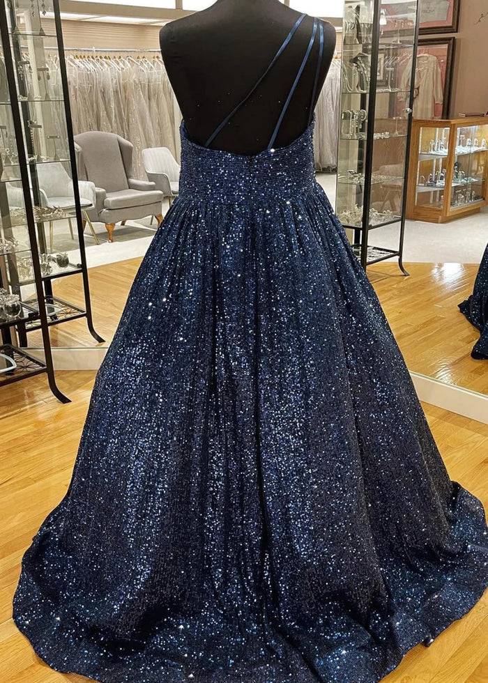 Christie | A Line/Princess Plus Size Orange Seuquin Backless One Shoulder Prom Dress - Navy Blue - PromDressClub
