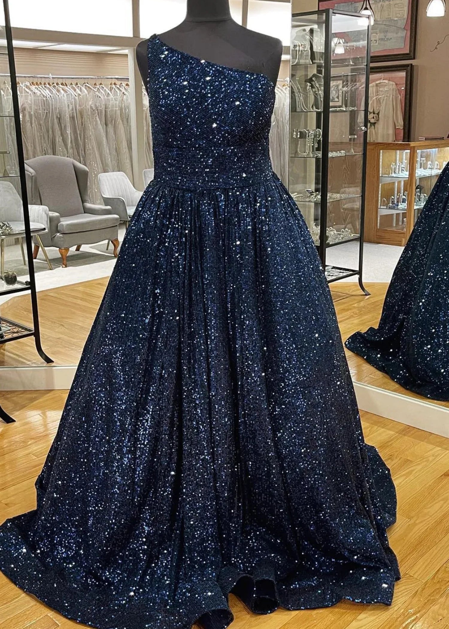 Christie |A - Line Sparkly One Shoulder Sequins Blue Plus Size Long Prom Dress - Navy Blue - US0 - PromDressClub