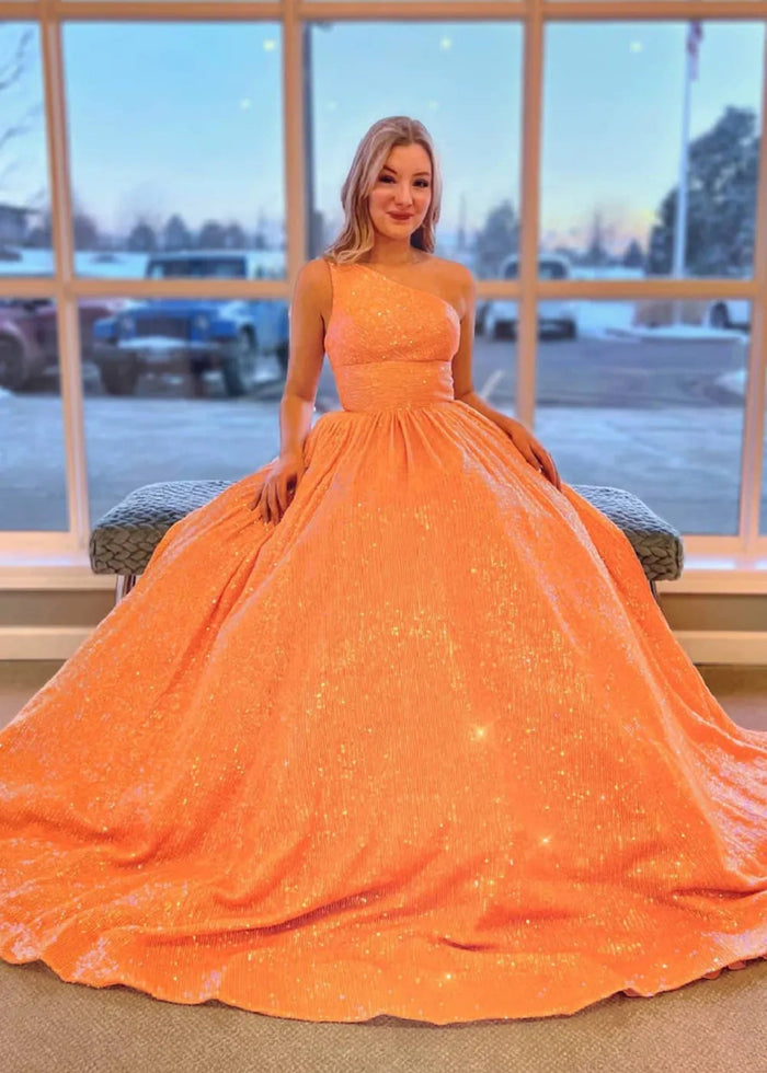 Christie | A Line/Princess Plus Size Orange Seuquin Backless One Shoulder Prom Dress - Orange - PromDressClub