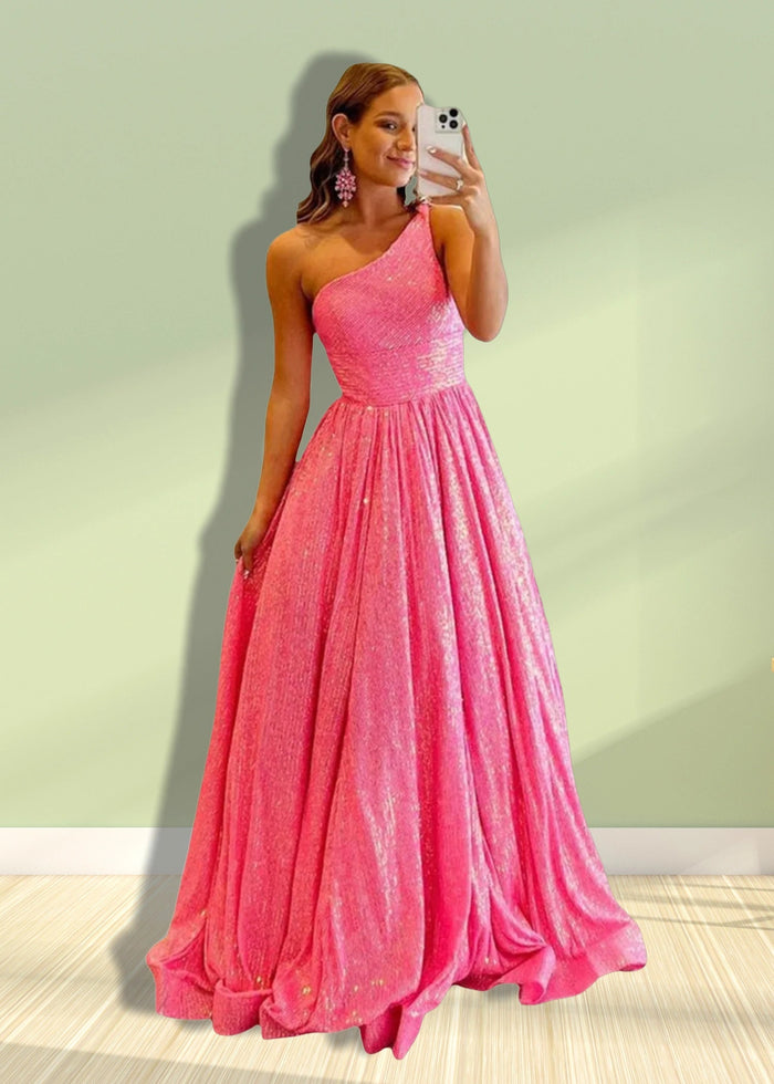 Christie | A Line/Princess Plus Size Orange Seuquin Backless One Shoulder Prom Dress - Hot Pink - PromDressClub