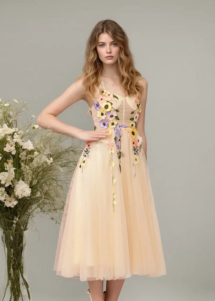 Stacey |Champagne Gold Prom Dresses Midi A Line Tulle Corset with 3D Flower | PromDressClub