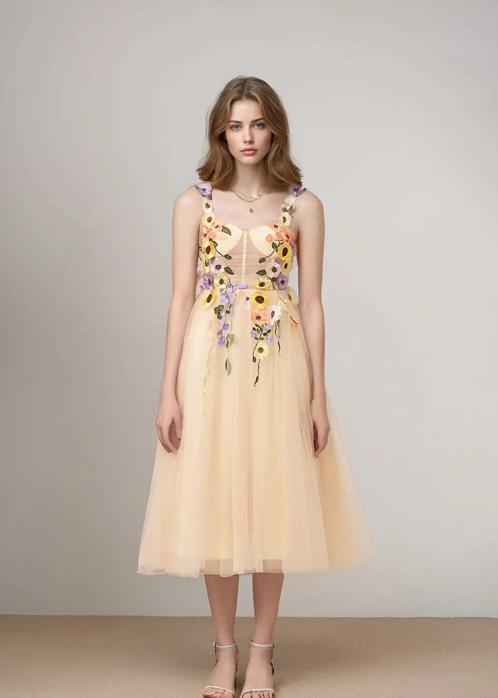 Stacey |Champagne Gold Prom Dresses Midi A Line Tulle Corset with 3D Flower | PromDressClub