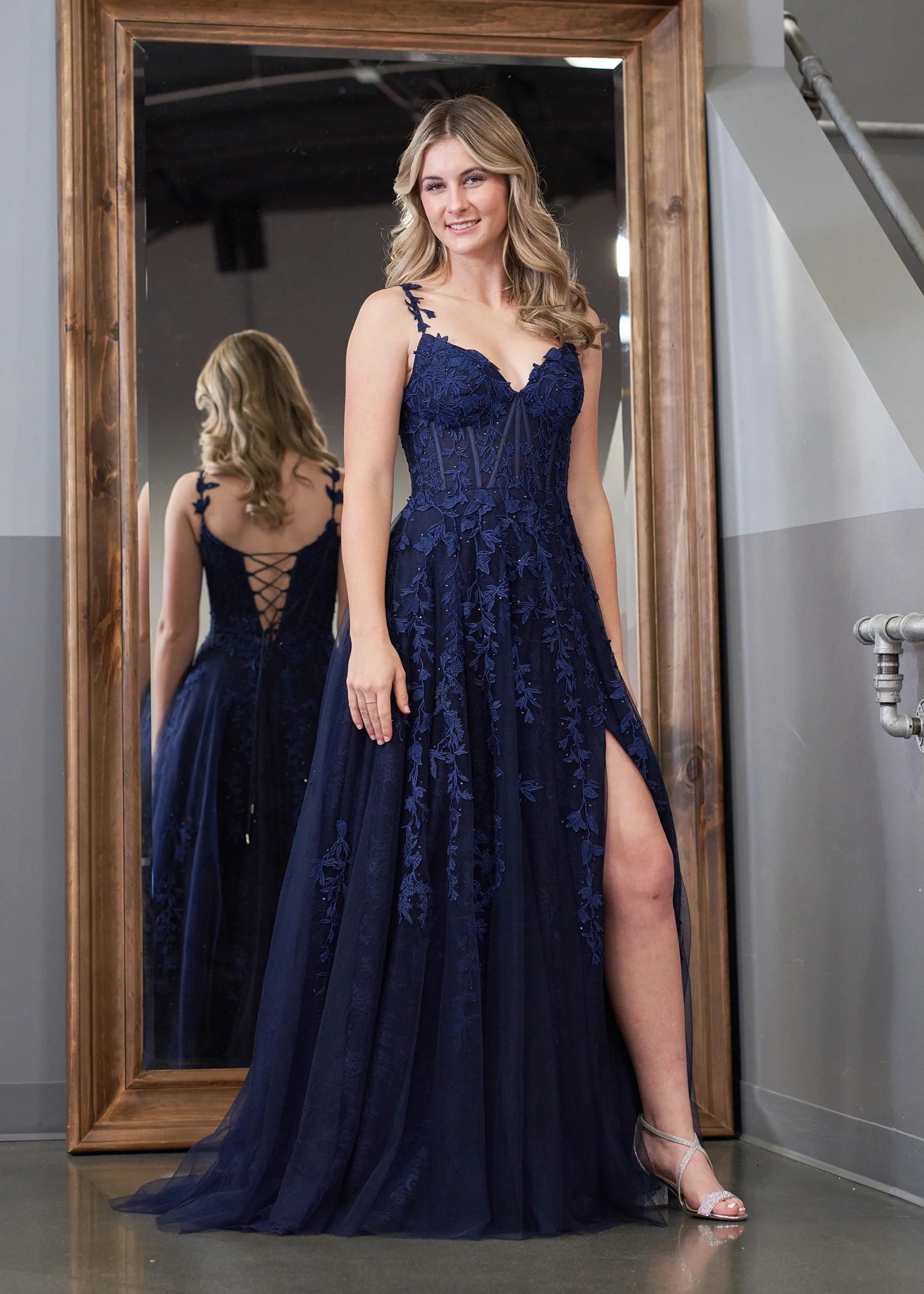 Genevieve |A - line Sweetheart Slit Lace Tulle Pink Long Prom Dress with 3D Flower - Navy Blue - US0 - PromDressClub