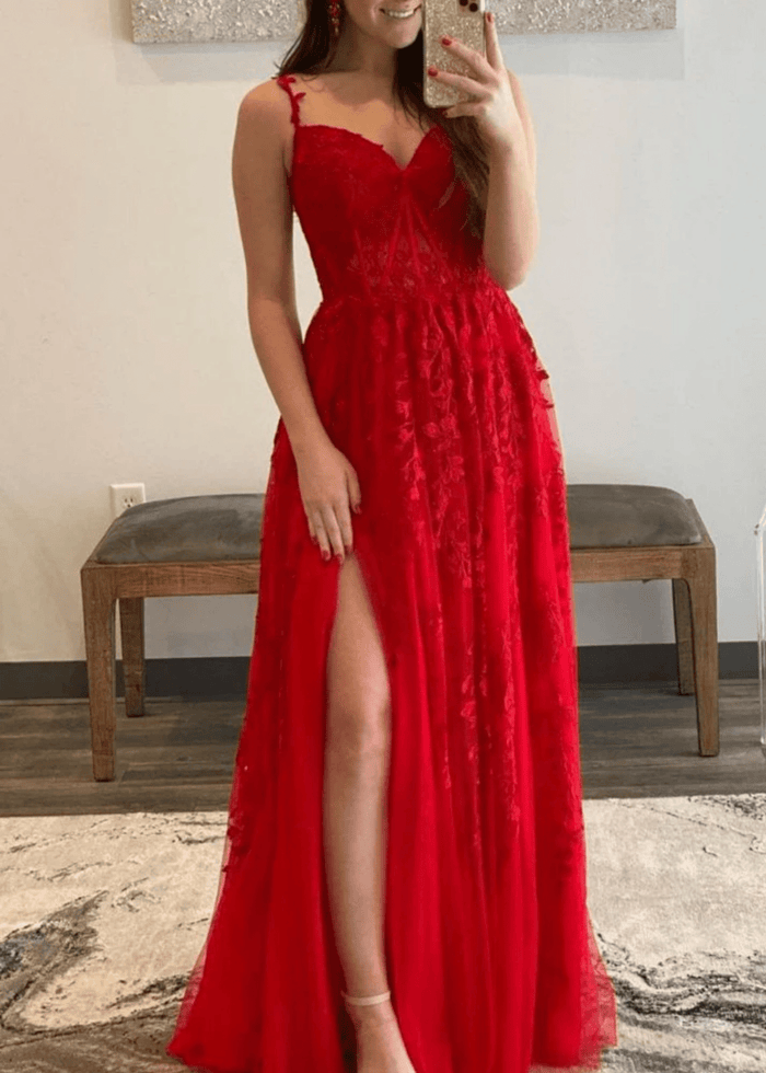 Genevieve | Pink Black Lace Floral A Line Tulle Prom Dress with slit - Red - PromDressClub