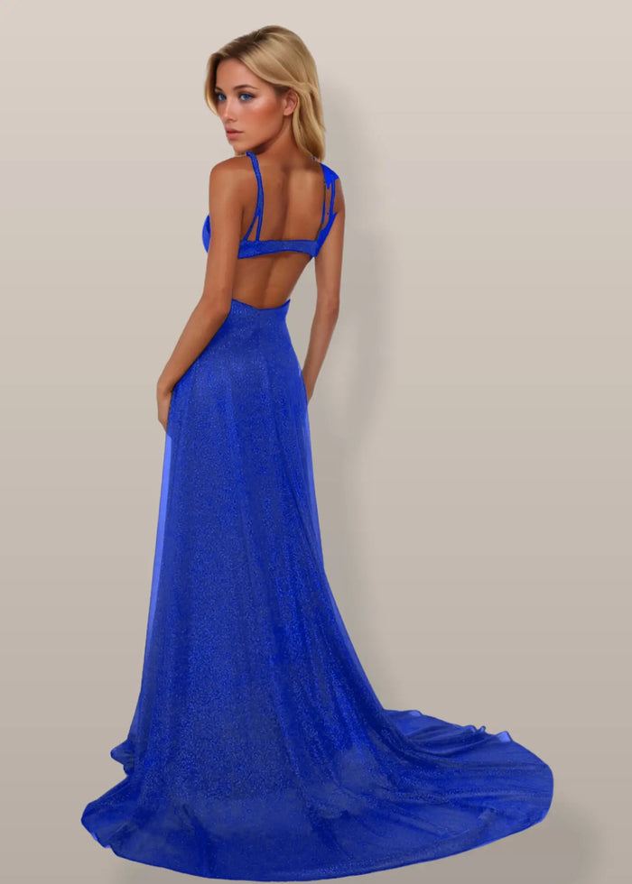 Shirley | Emerald Green and Royal Blue A Line Metallic Prom Dress with Slit - Royal Blue - PromDressClub