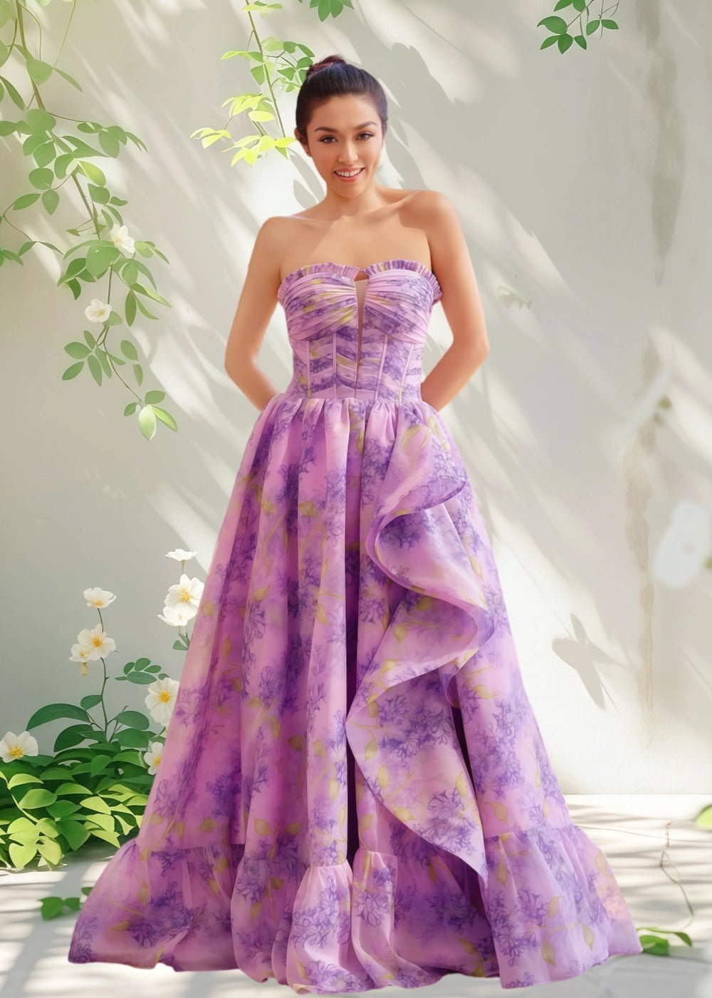 Ada | Lilac Floral Starpless Corset Detachable Sleeve Formal Dress - Lilac Floral - PromDressClub