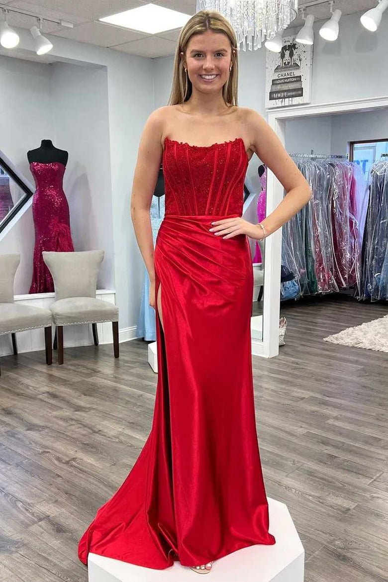 Adela |Mermaid Lace Satin Black Plus Size Prom Dress Corset Strapless with Slit - Red - US0 - PromDressClub