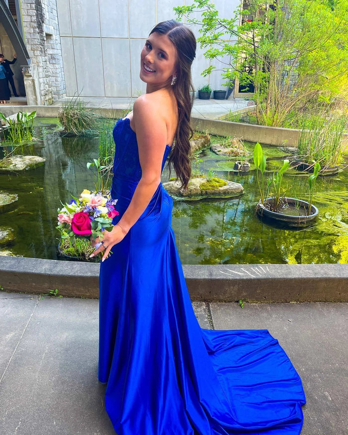 Adela | Mermaid Lace Black Strapless Corset Prom Dress with Slit and Train - Royal Blue - PromDressClub