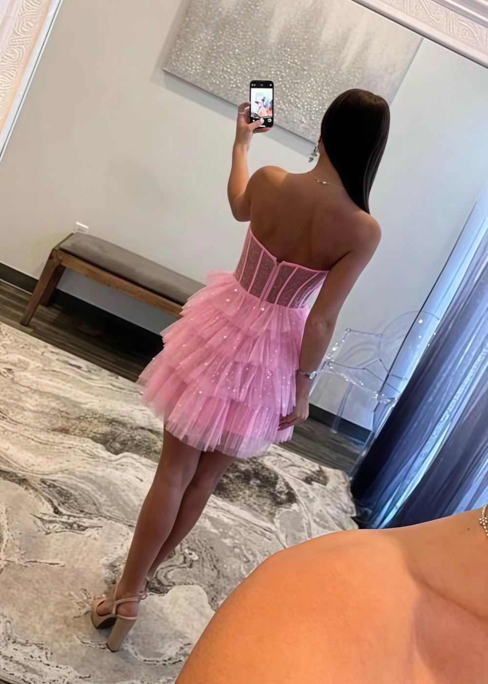 Adeline | Stylish A Line Black Mini Strapless Corset Homecoming Dress with Ruffles – Sparkling Short Strapless Party Gown - Light Pink - PromDressClub