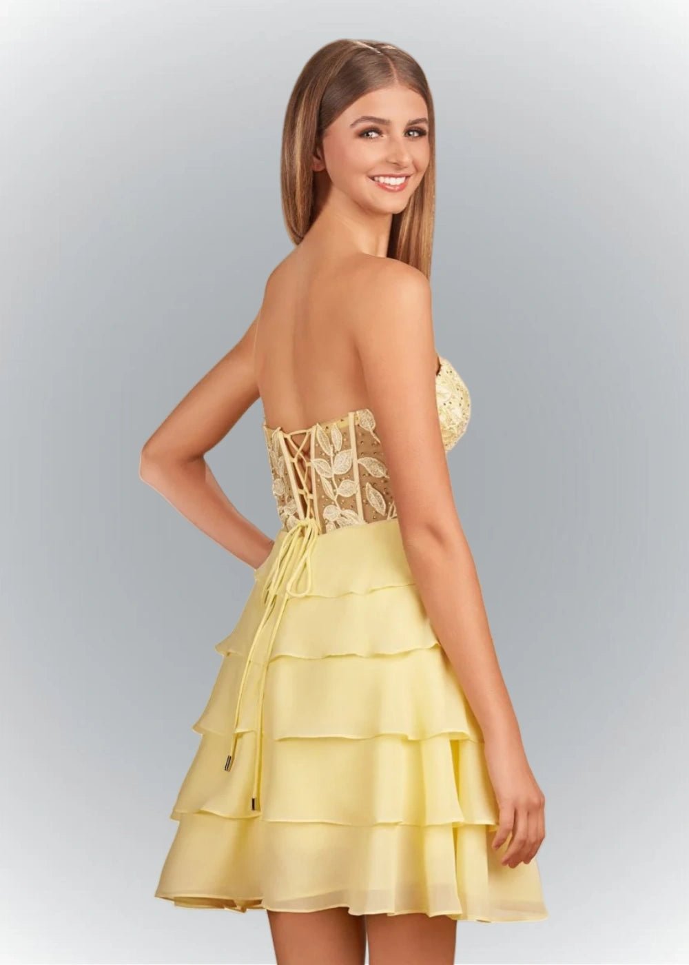 Adriana | Chic Lavender and Yellow Strapless Corset Mini Homecoming Dress with Ruffles - Yellow - PromDressClub