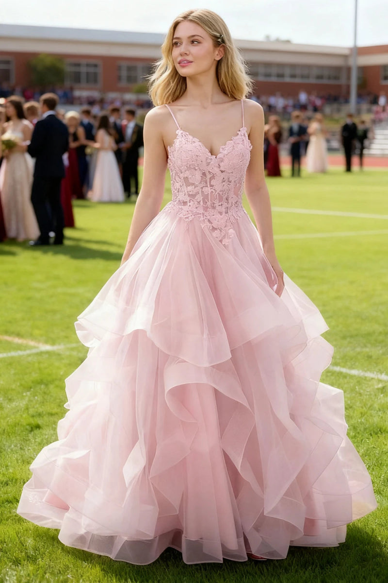 Aetherium Light Pink Lace Corset Prom Dress | A - Line Sweetheart Neckline Rhinestones Ruffle Floor Length Dress - US0 - PromDressClub