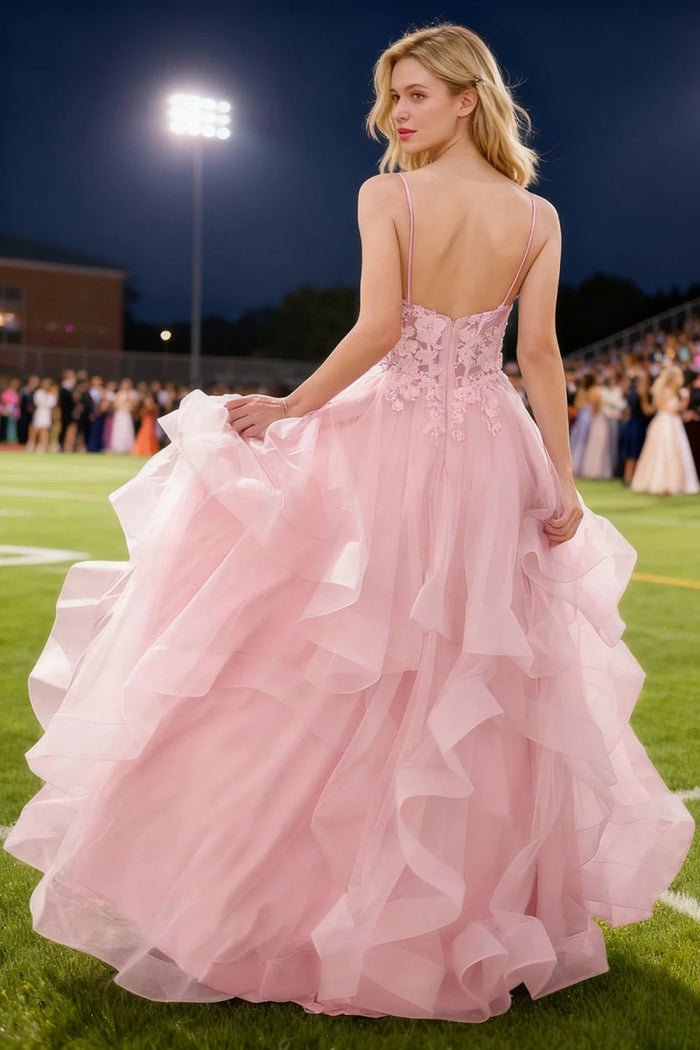 Aetherium Light Pink Lace Corset Prom Dress | A - Line Sweetheart Neckline Rhinestones Ruffle Floor Length Dress - US0 - PromDressClub