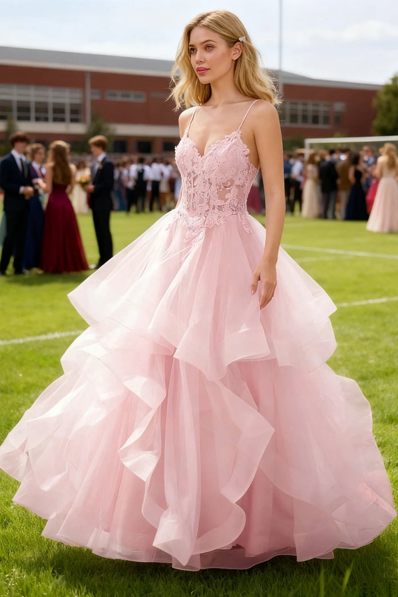 Aetherium Light Pink Lace Corset Prom Dress | A - Line Sweetheart Neckline Rhinestones Ruffle Floor Length Dress - US0 - PromDressClub