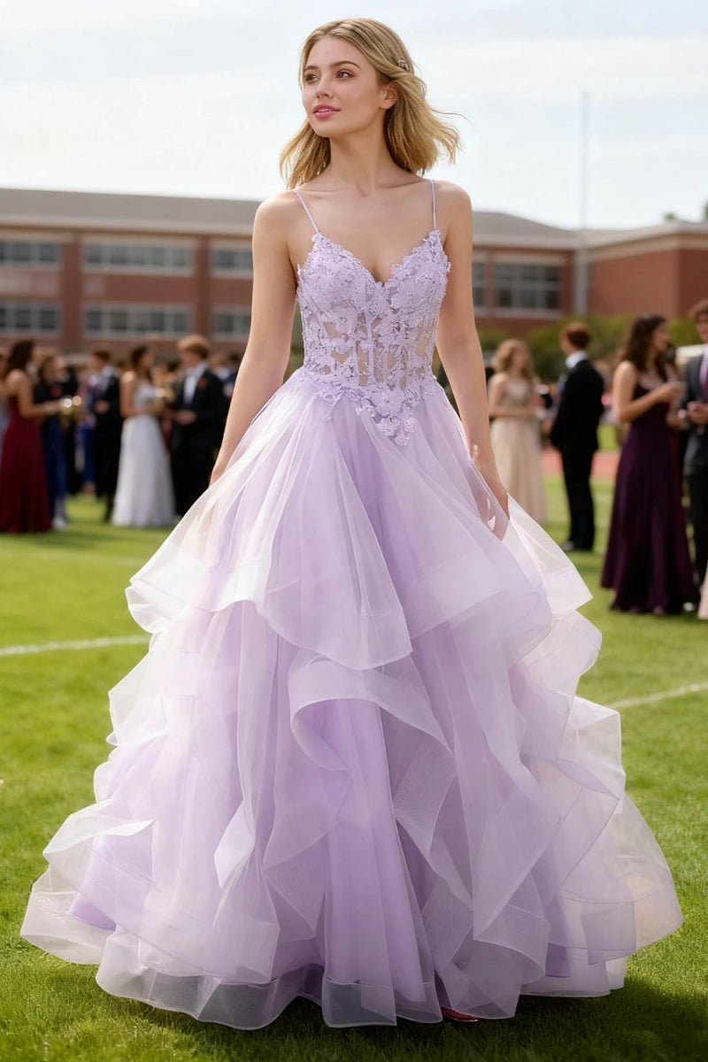 Aetherium Lilac Lace Corset Prom Dress | A - Line Sweetheart Neckline Rhinestones Ruffle Floor Length Dress - US0 - PromDressClub