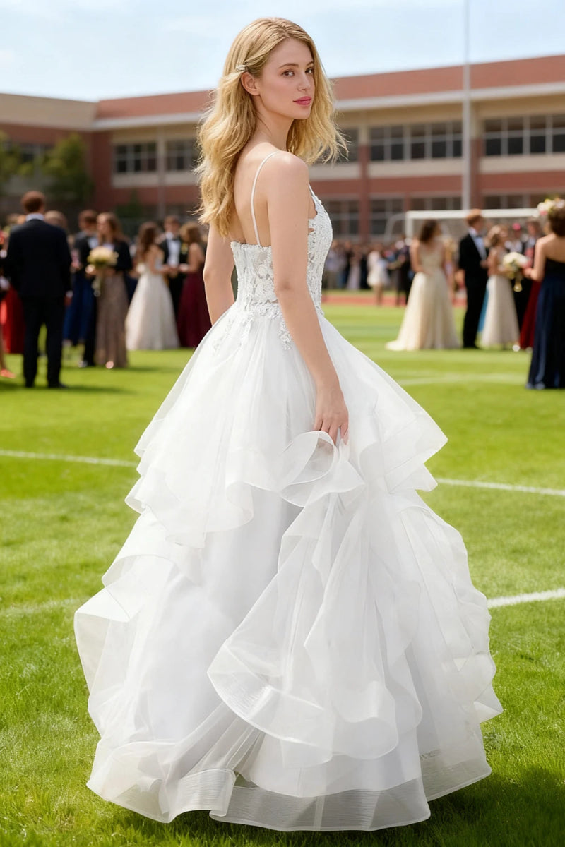 Aetherium White Lace Corset Prom Dress | A - Line Sweetheart Neckline Rhinestones Ruffle Floor Length Dress - US0 - PromDressClub