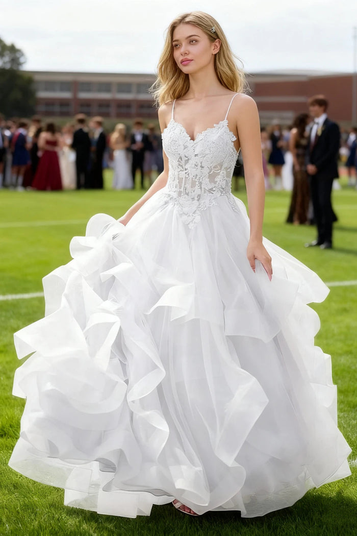 Aetherium White Lace Corset Prom Dress | A - Line Sweetheart Neckline Rhinestones Ruffle Floor Length Dress - US0 - PromDressClub