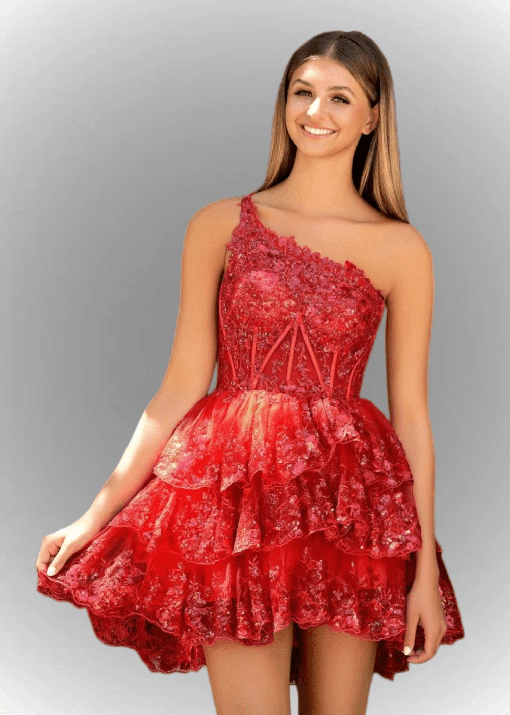 Agatha | A Line Balck One Shoulder Black Sequin Homecoming Dress with Ruffles - Red - PromDressClub