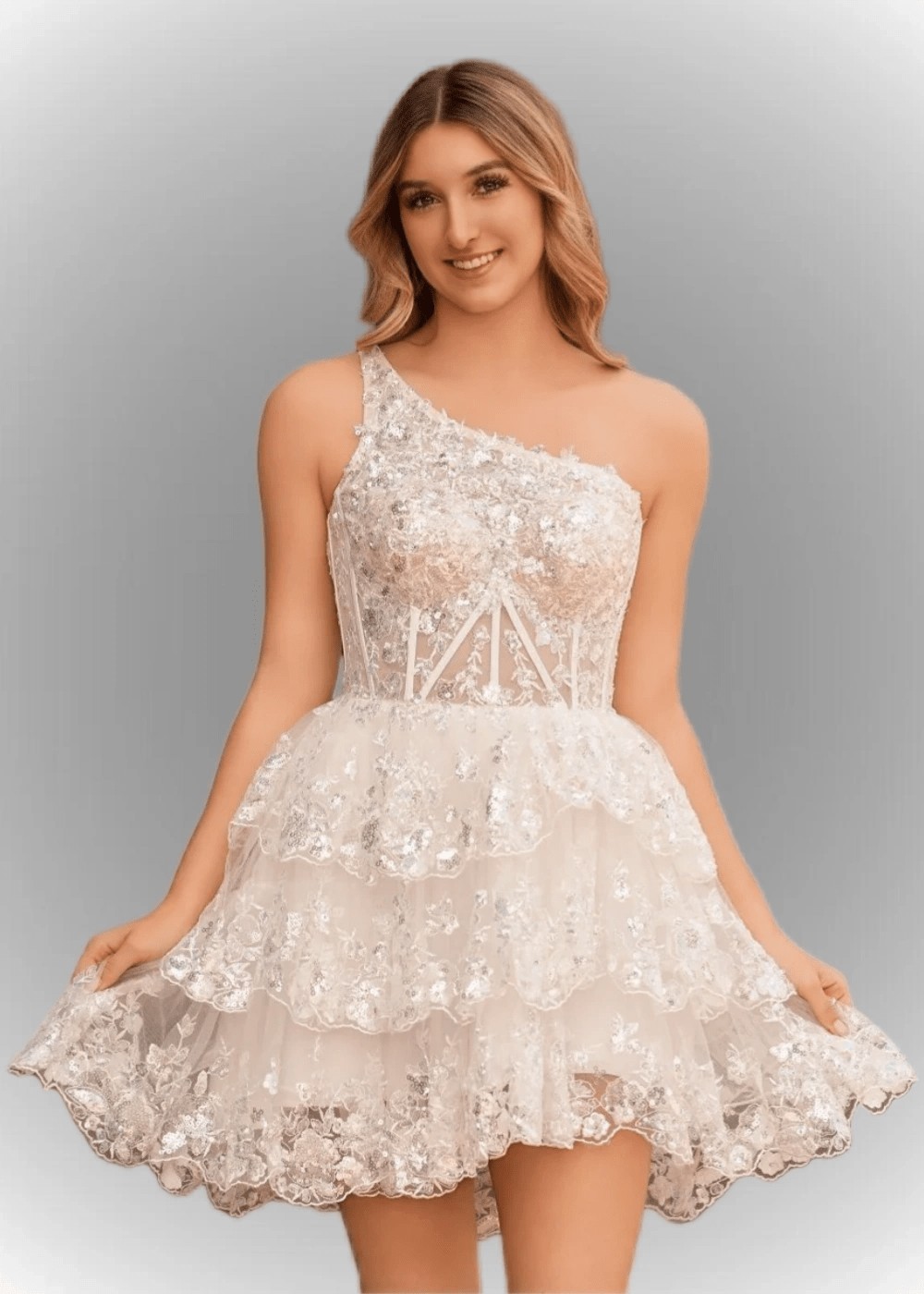 Agatha | A Line Balck One Shoulder Black Sequin Homecoming Dress with Ruffles - White - PromDressClub