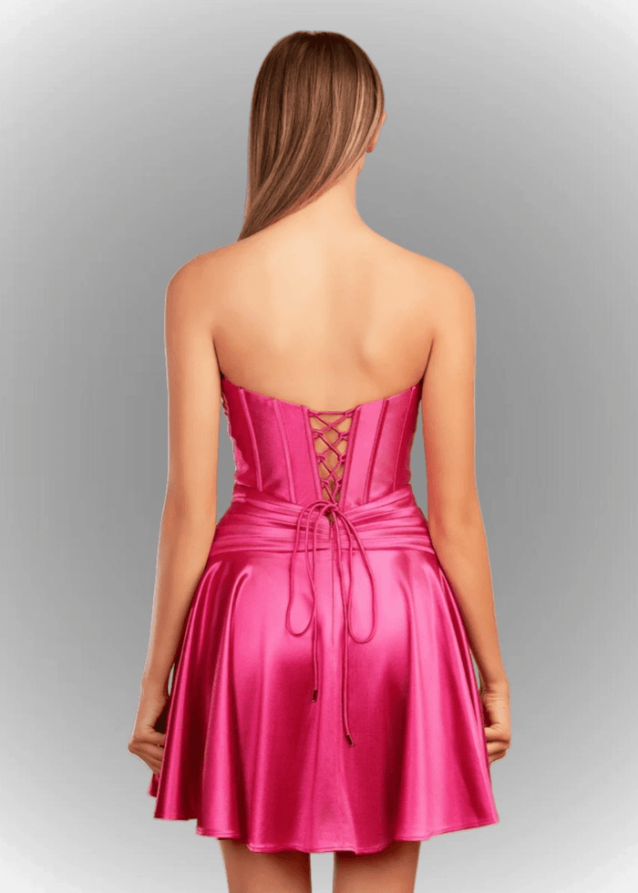 Alana | A Line Fuchsia Satin Strapless Ruched Homecoming Dress with Keyhole - Fuchsia - PromDressClub