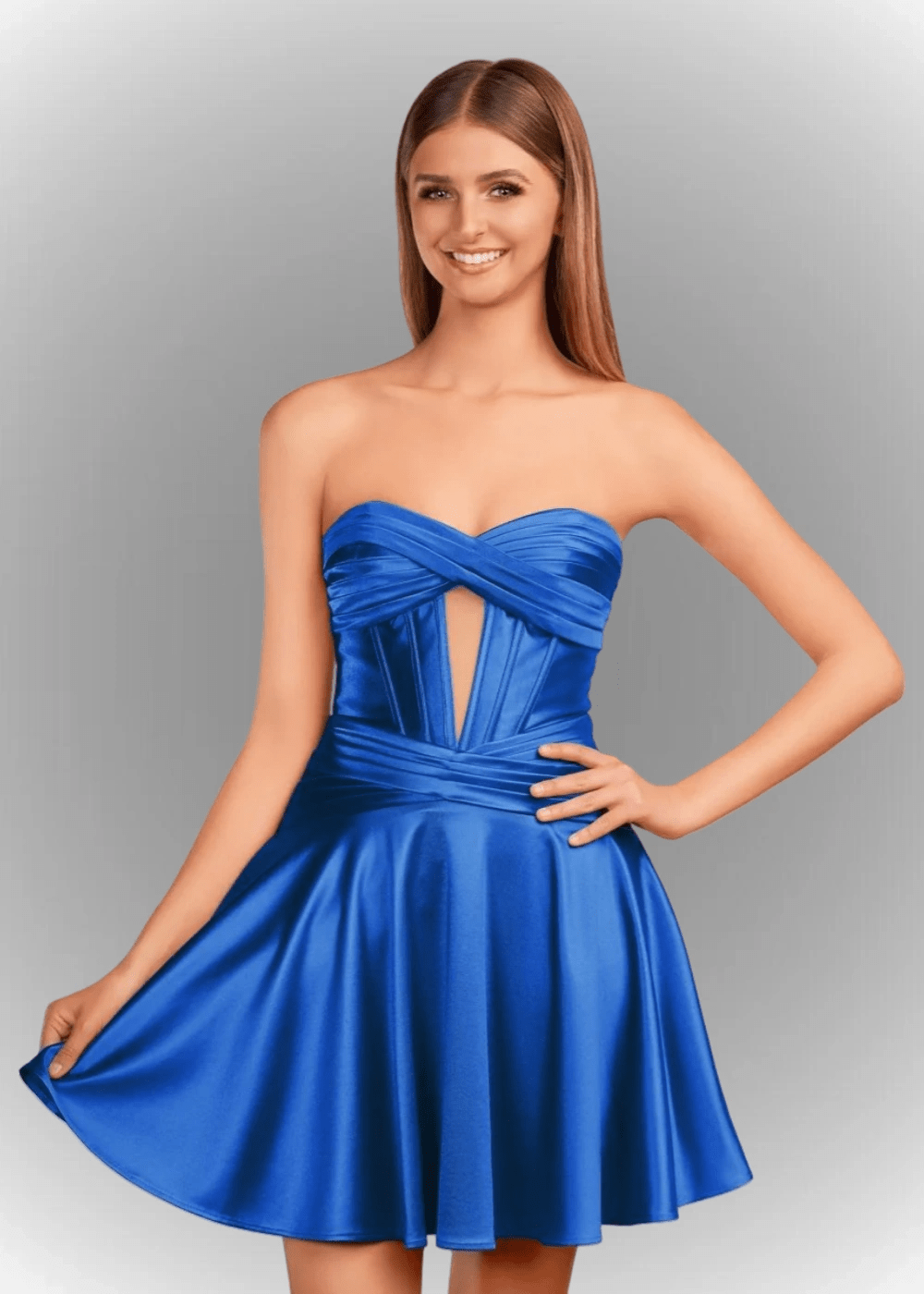Alana | A Line Fuchsia Satin Strapless Ruched Homecoming Dress with Keyhole - Royal Blue - PromDressClub
