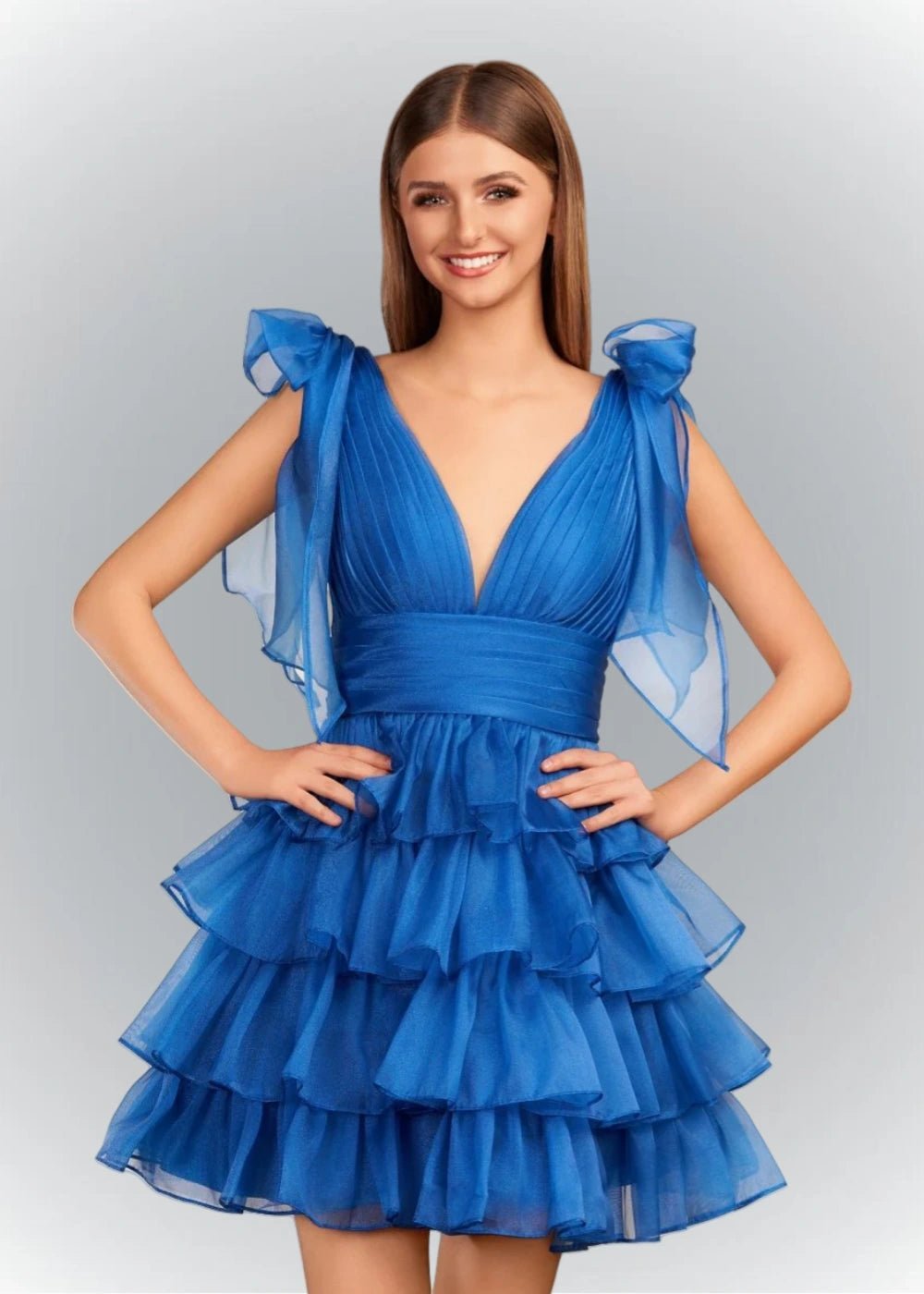 Alessia | Sexy A Line Royal Blue Tiered Ruffle Homecoming Dress with Bow - Royal Blue - PromDressClub