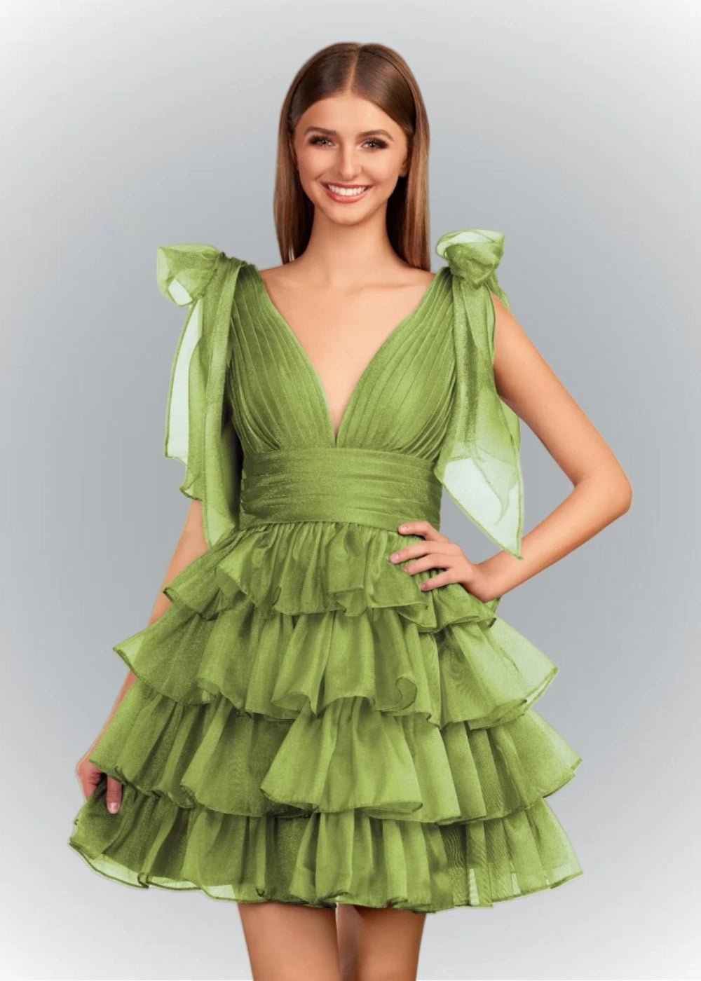 Alessia | Sexy A Line Royal Blue Tiered Ruffle Homecoming Dress with Bow - Sage - PromDressClub
