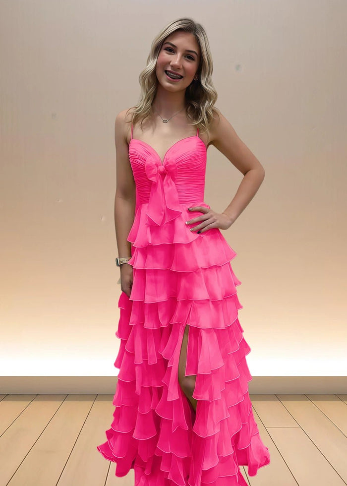 Alexandra | Yellow Spaghetti Strap Corset Maxi Dress Formal for Ruffles - Fuchsia - PromDressClub