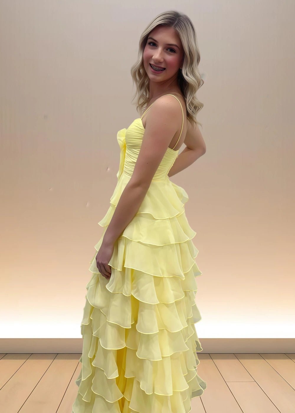 Alexandra | Yellow Spaghetti Strap Corset Maxi Dress Formal for Ruffles - Yellow - PromDressClub