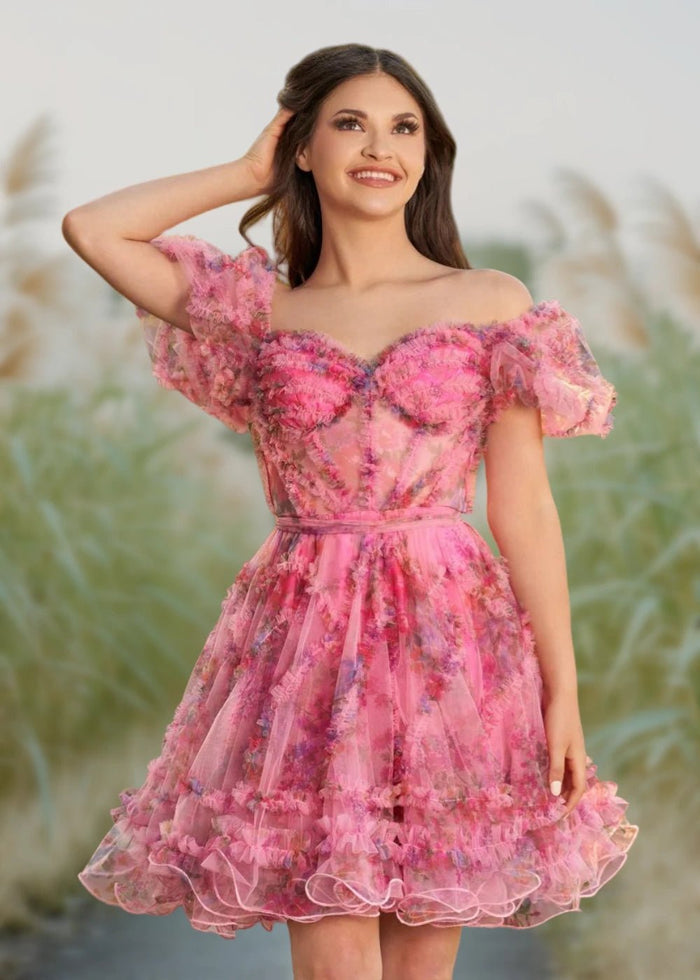 Alice | A Line Light Purple Floral Off the Shoulder Corset Homecoming Dress - Hot Pink Floral - PromDressClub