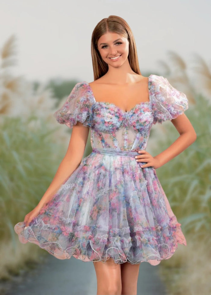Alice | A Line Light Purple Floral Off the Shoulder Corset Homecoming Dress - Light Blue Floral - PromDressClub