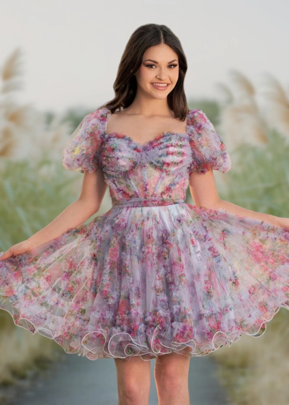 Alice | A Line Light Purple Floral Off the Shoulder Corset Homecoming Dress - Light Purple Floral - PromDressClub