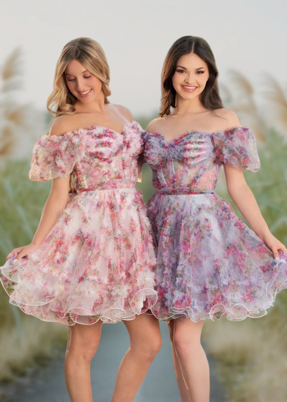 Alice | A Line Light Purple Floral Off the Shoulder Corset Homecoming Dress - Light Pink Floral - PromDressClub