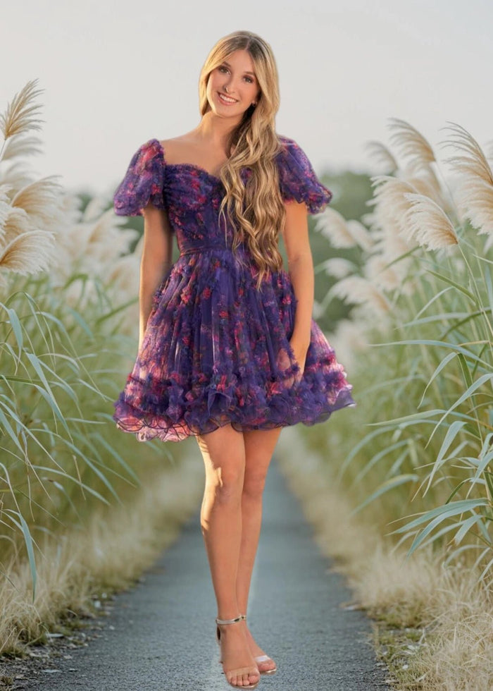 Alice | A Line Light Purple Floral Off the Shoulder Corset Homecoming Dress - Light Purple Floral - PromDressClub