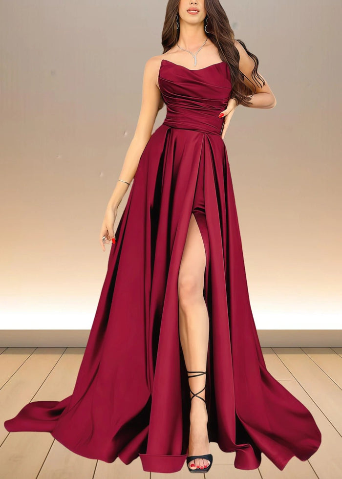 Alice | Black and Gold Corset Strapless Pleated Satin Formal Dress with Slit - Burgundy - PromDressClub