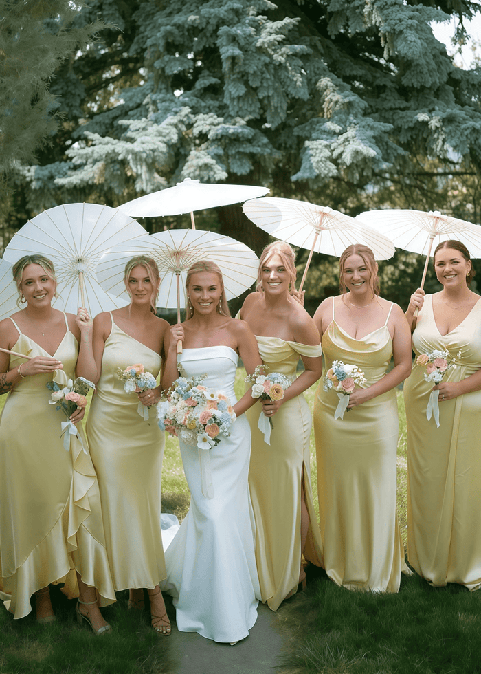 Alice | Simple Sheath Silk Satin Pale Yellow Maxi Bridesmaid Dress with Slit and Ruffles - Price #price_variant_lowest# - Pale Yellow - PromDressClub