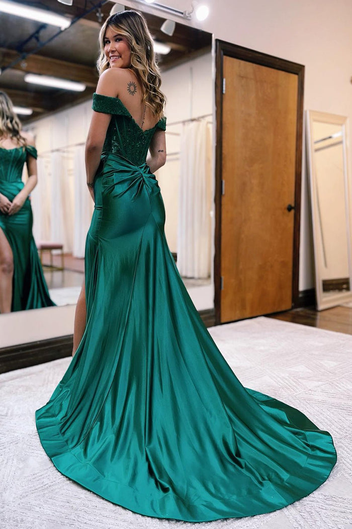 Rebecca | Mermaid Dark Green Off the Shoulder Lace Prom Dress Split with Train - Dark Green - PromDressClub