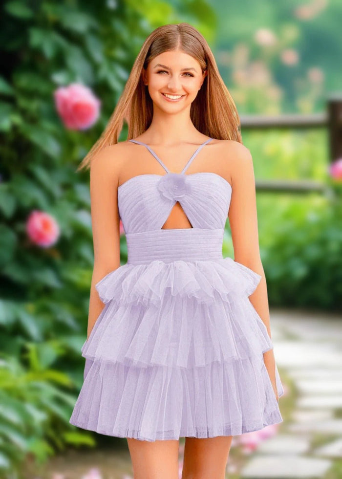 Alison | Chic A Line Orange Tulle Keyhole Short Homecoming Dress with Ruffles - Lavender - PromDressClub