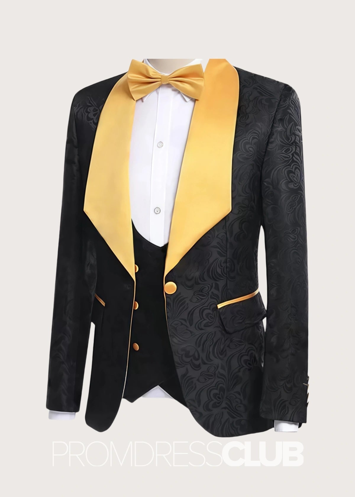 Allen |Black Prom Suits for Men With Jacquard Tuxedo with Gold Shawl Lapel | Three Pieces Men Suits - 34 - PromDressClub