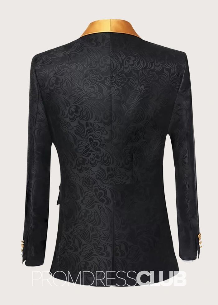 Allen |Black Prom Suits for Men With Jacquard Tuxedo with Gold Shawl Lapel | Three Pieces Men Suits - Price #price_variant_lowest# - 34 - PromDressClub