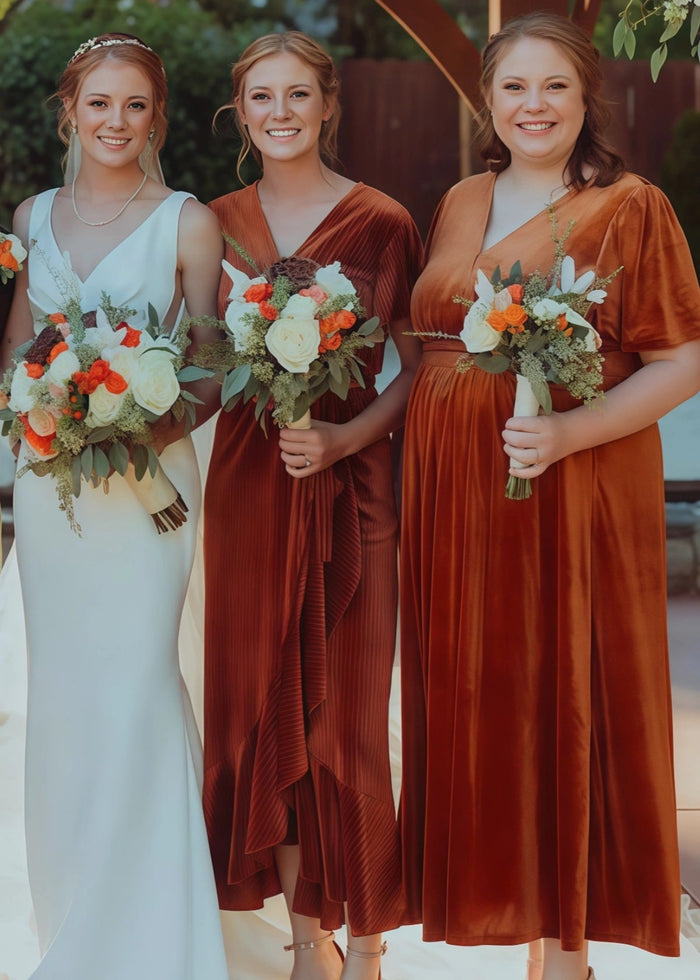 Alma | Immensely Glam Sheath Rust Orange Velvet Midi Bridesmaid Dress with V Neck and Short Sleeve - Price #price_variant_lowest# - Rust - PromDressClub