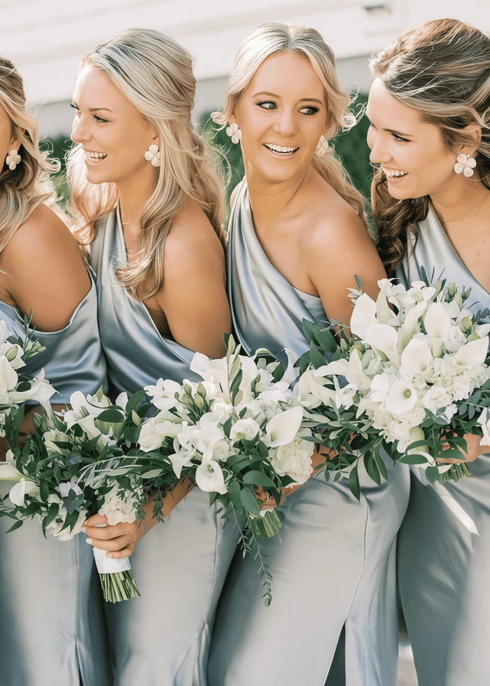 Alva | Sophisticated Sheath Dusty Blue Satin Maxi Bridesmaid Dress with Slit and One Shoulder - Price #price_variant_lowest# - Dusty Blue - PromDressClub