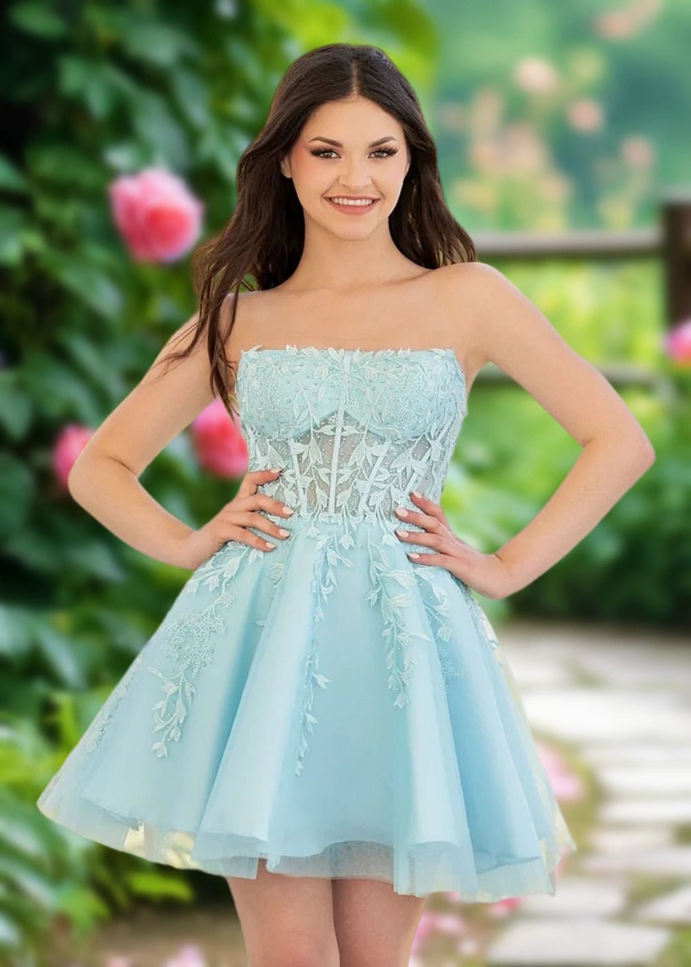 Amalia | Classy A Line Turquoise Lace Strapless Corset Short Homecoming Dress - Turquoise - PromDressClub