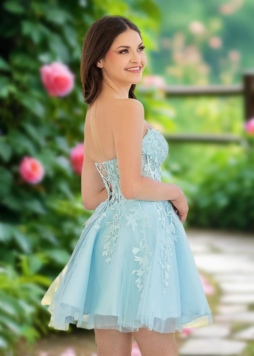 Amalia | Classy A Line Turquoise Lace Strapless Corset Short Homecoming Dress - Turquoise - PromDressClub